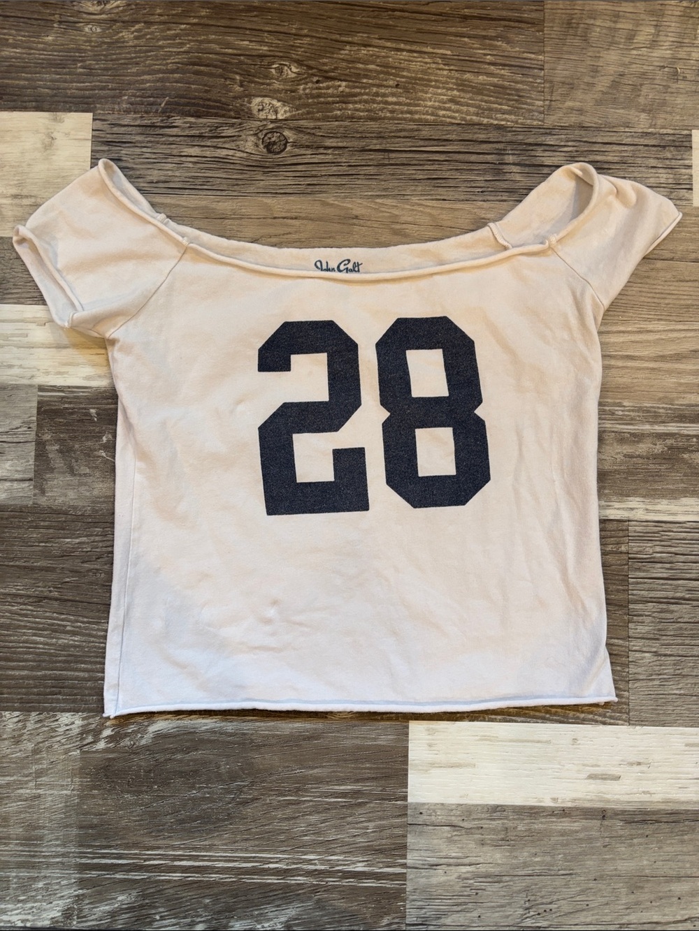 John Galt Off-Shoulder Light Pink Crop Top with Navy '28' Graphic